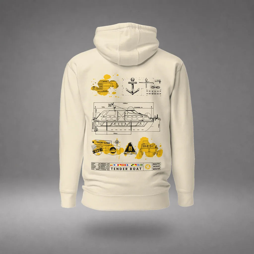 Cruise Ship Tender Hoodie in Bone, front view, floating over a gray studio floor.