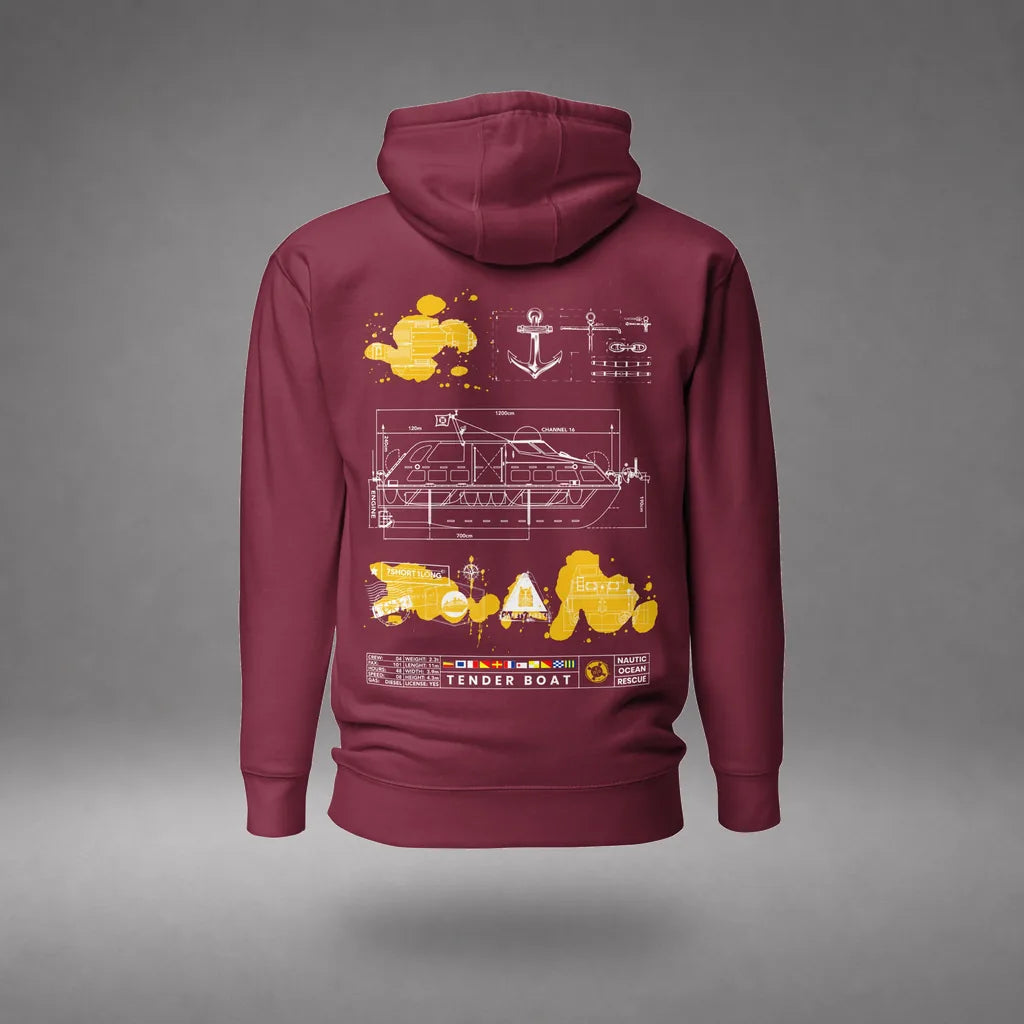 Cruise Ship Tender Hoodie in Maroon, back view, floating over a gray studio floor.