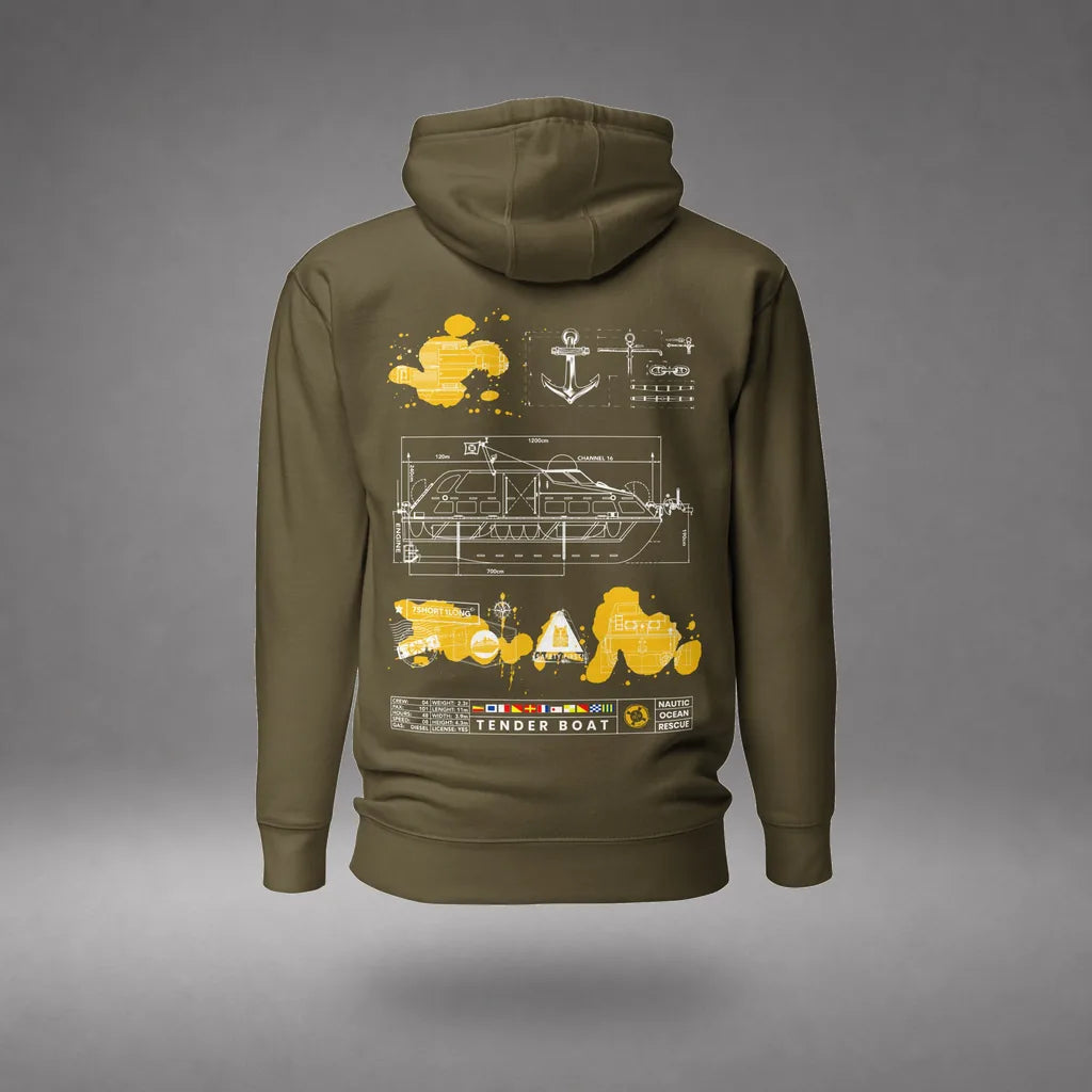 Cruise Ship Tender Hoodie in Military Green, back view, floating over a gray studio floor.