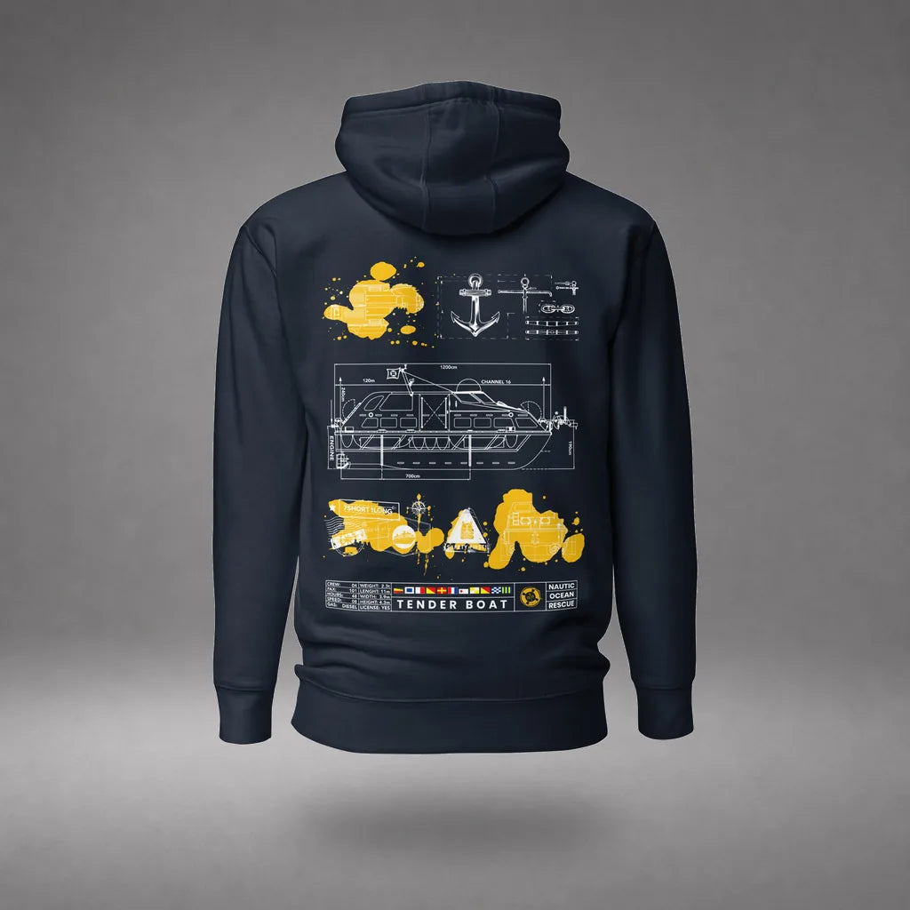 Cruise Ship Tender Hoodie in Navy Blazer, back view, floating over a gray studio floor.