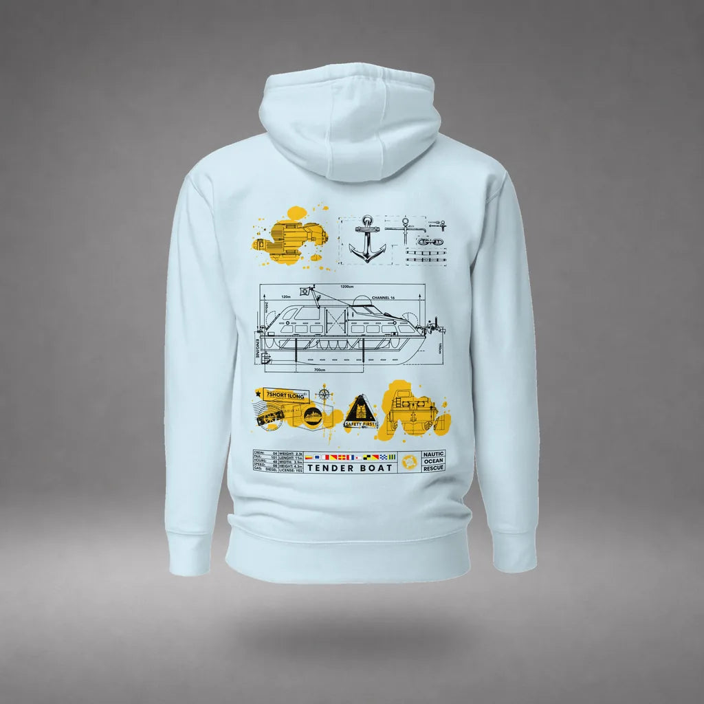 Cruise Ship Tender Hoodie in Sky Blue, back view, floating over a gray studio floor.