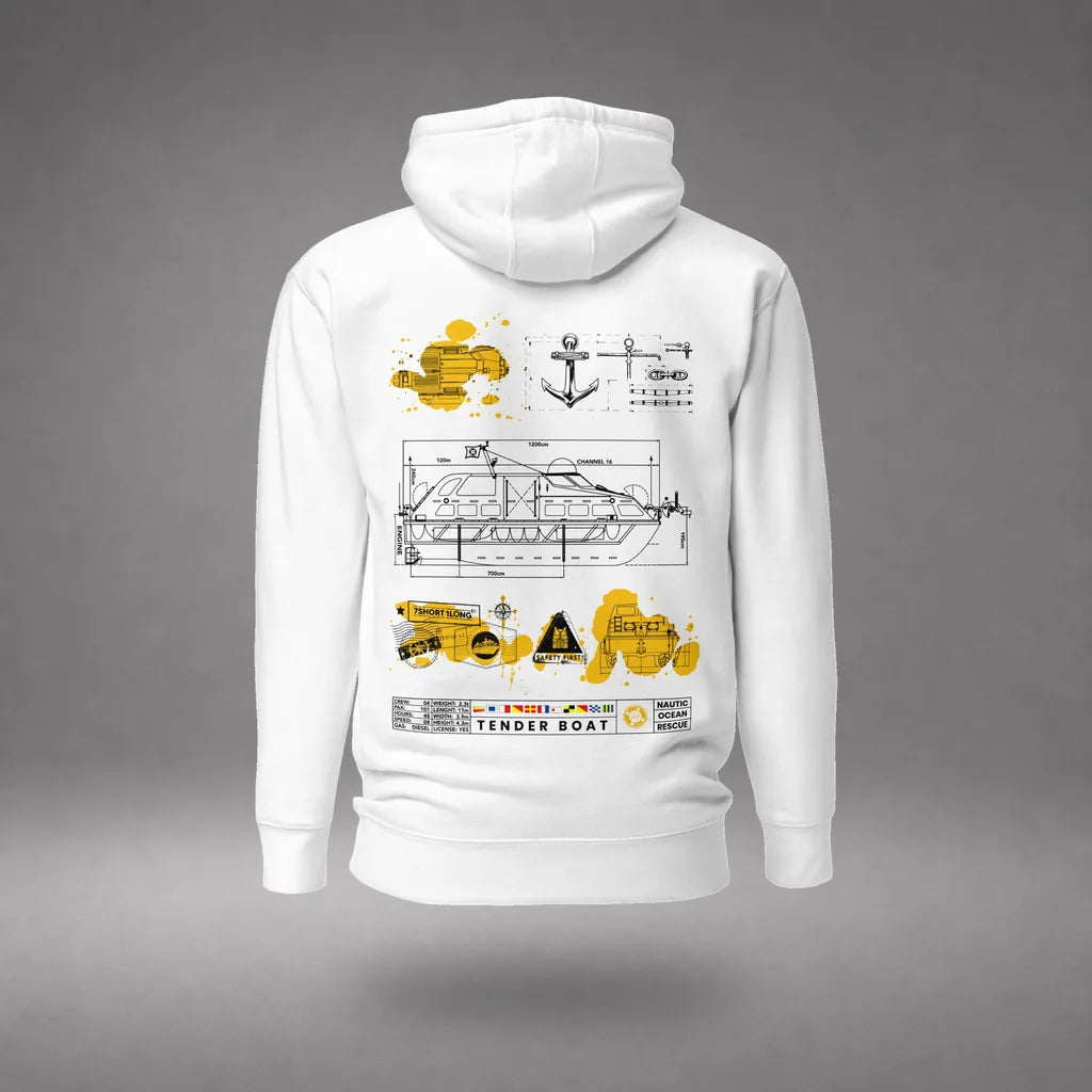 Cruise Ship Tender Hoodie in White, back view, floating over a gray studio floor.