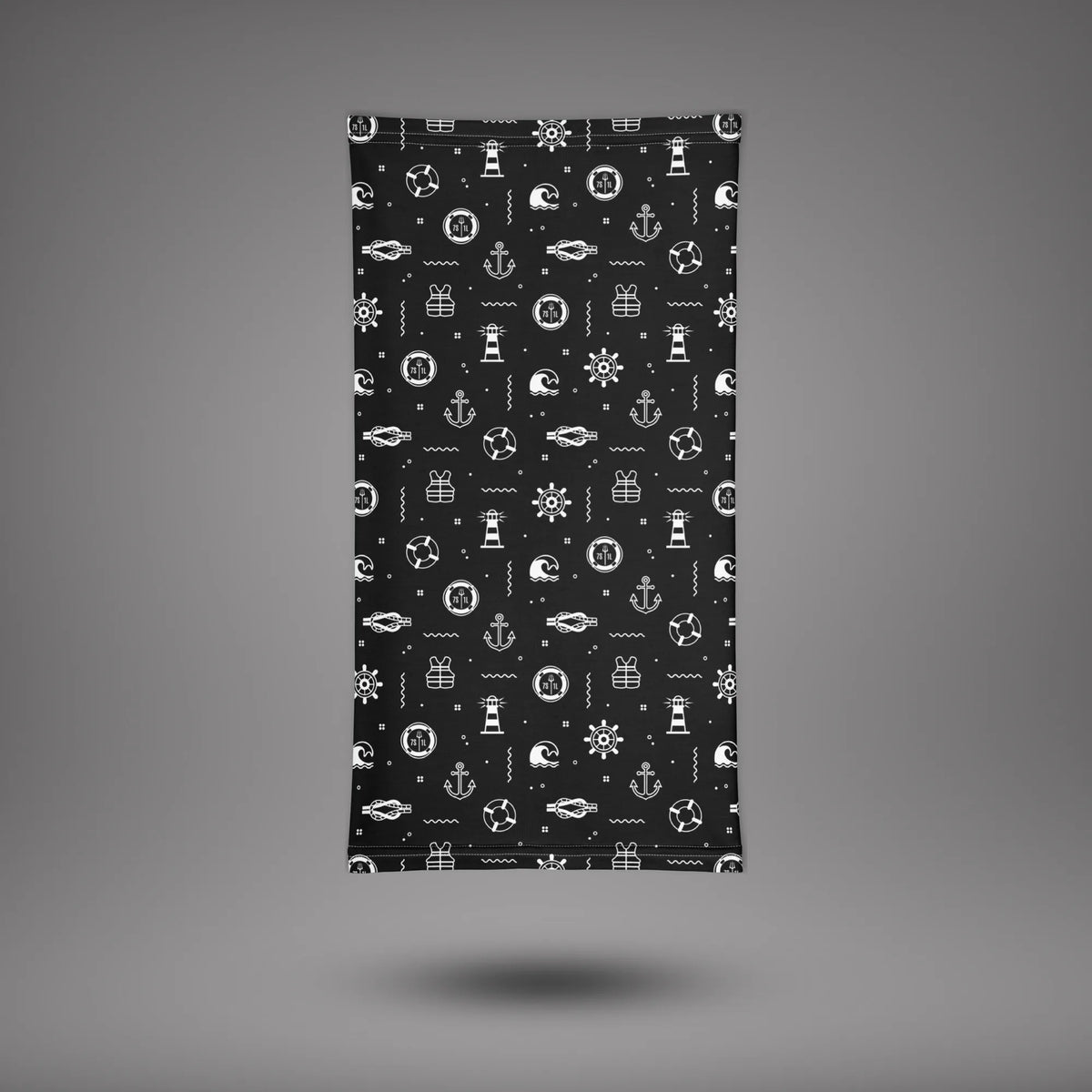 Deck Hand neck gaiter laid flat, black fabric with white nautical icons
