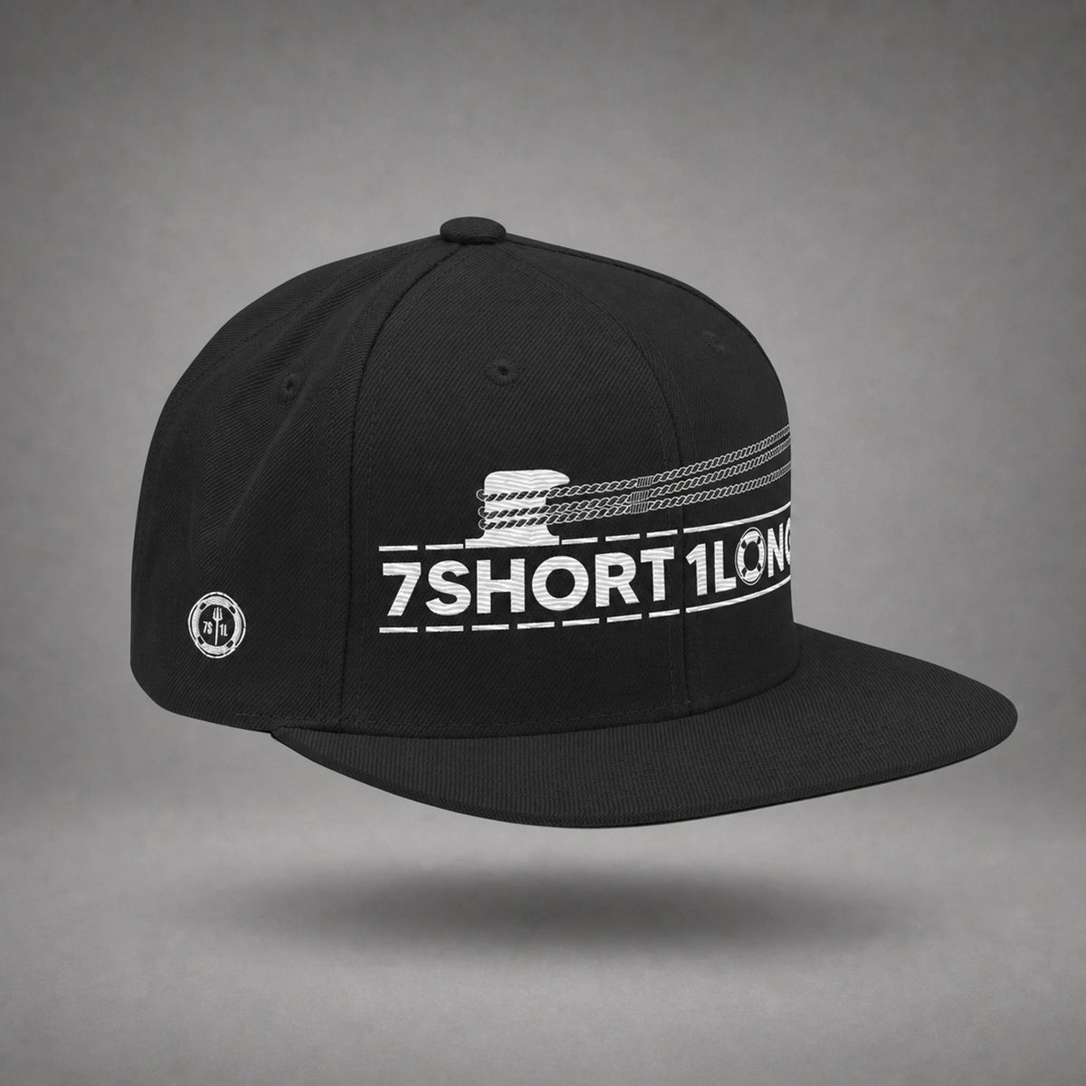 Black Deck Hand rope and signal snapback cap shown from the left side in a gray floating studio.