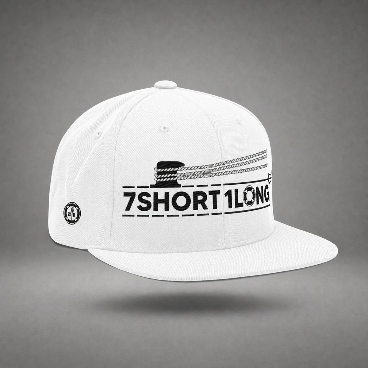 White Deck Hand rope and signal snapback cap shown from the left side in a gray floating studio.