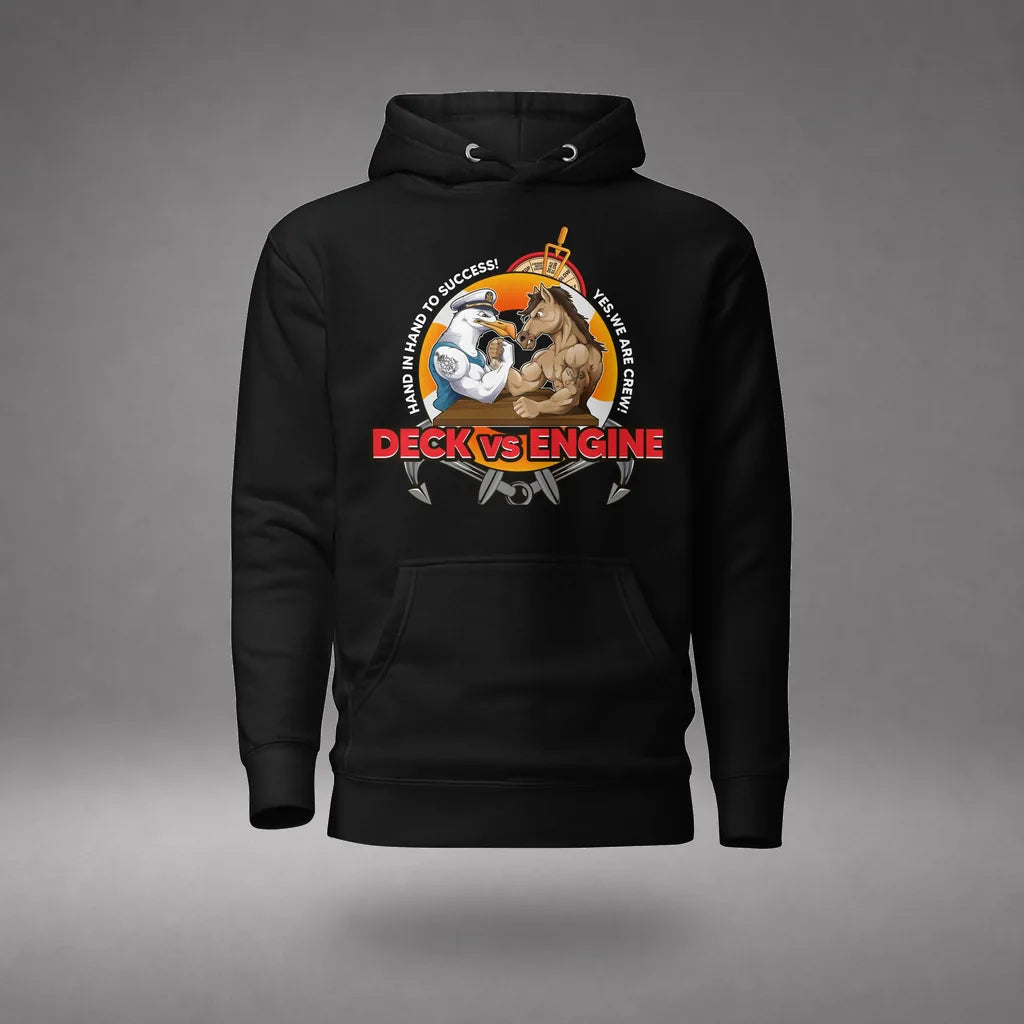 Deck vs Engine Department Hoodie in Black, front view, floating over a gray studio floor.