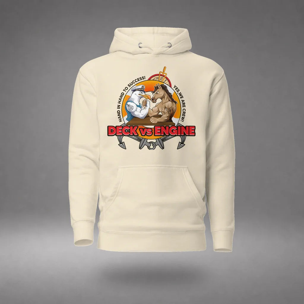 Deck vs Engine Department Hoodie in Bone, featured product view, floating over a gray studio floor.