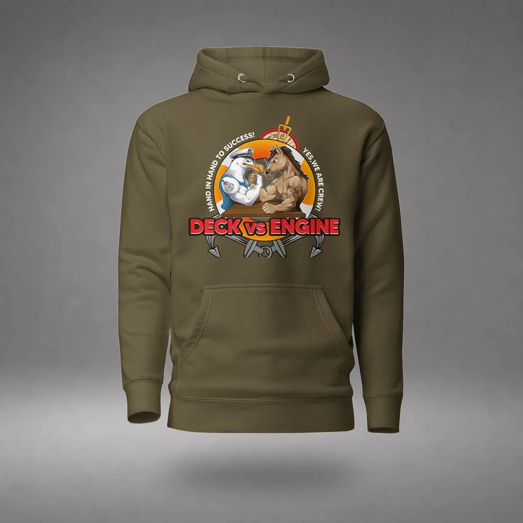 Deck vs Engine Department Hoodie in Military Green, featured product view, floating over a gray studio floor.