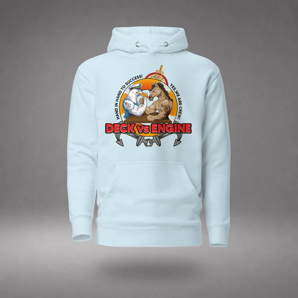 Deck vs Engine Department Hoodie in Sky Blue, front view, floating over a gray studio floor.