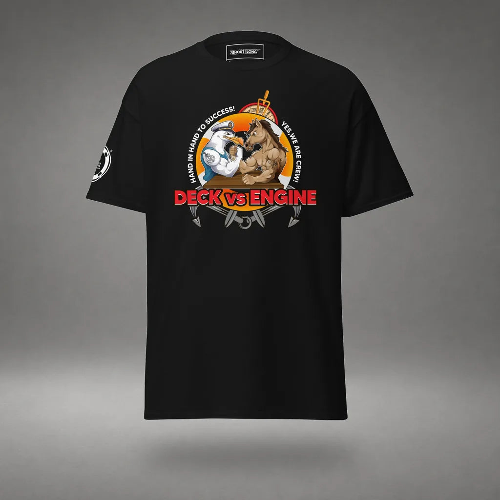 Deck Vs Engine Department T-Shirt in Black, front view, floating over a gray studio floor.