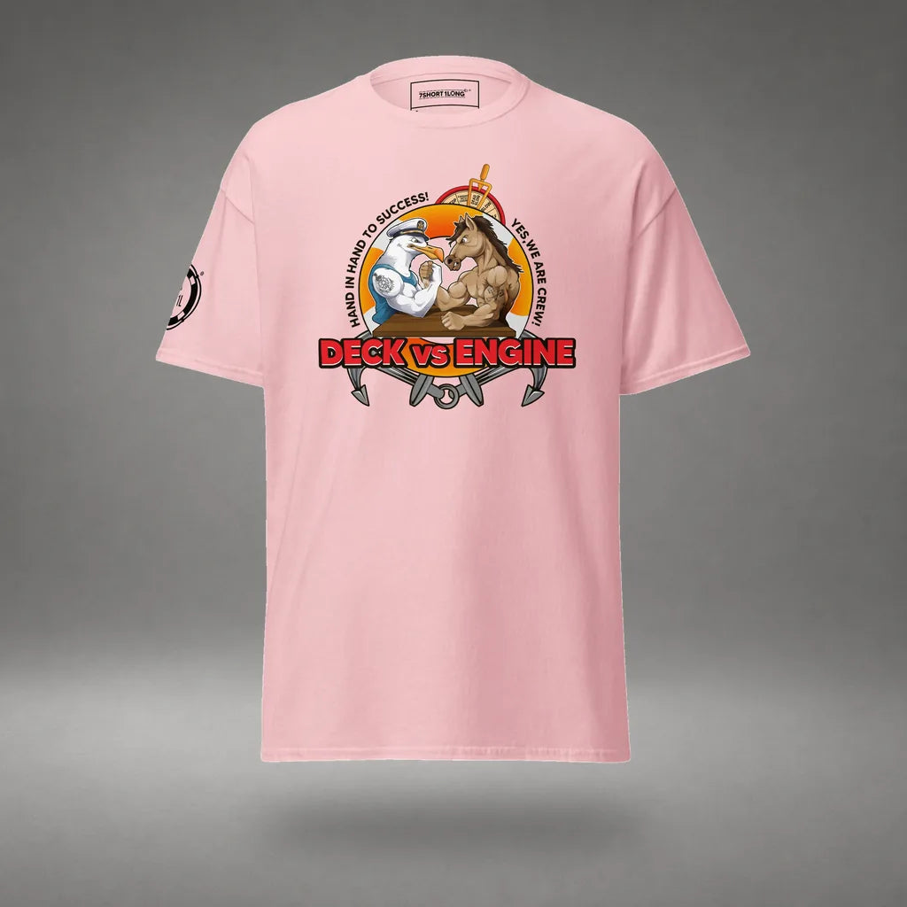 Deck Vs Engine Department T-Shirt in Light Pink, front view, floating over a gray studio floor.
