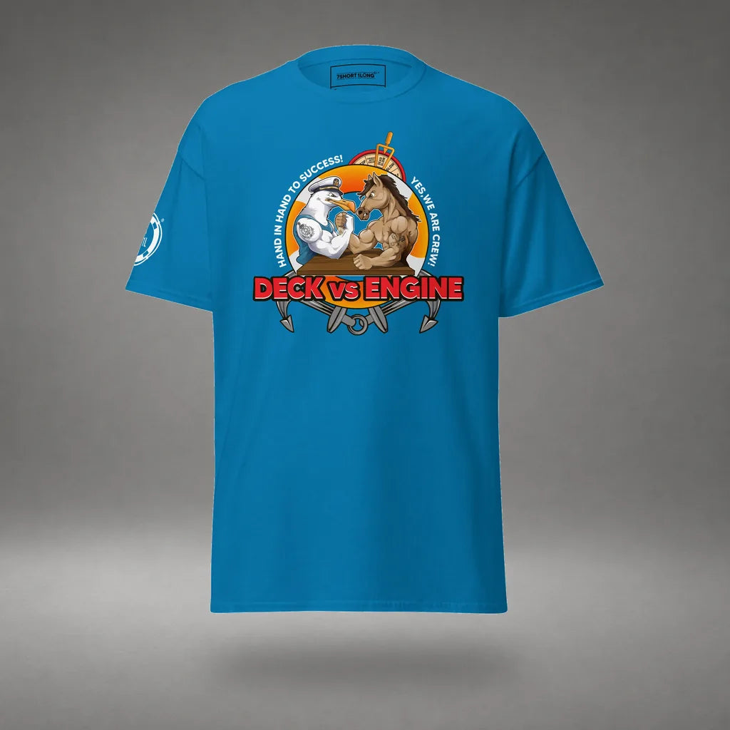 Deck Vs Engine Department T-Shirt in Sapphire, featured product view, floating over a gray studio floor.