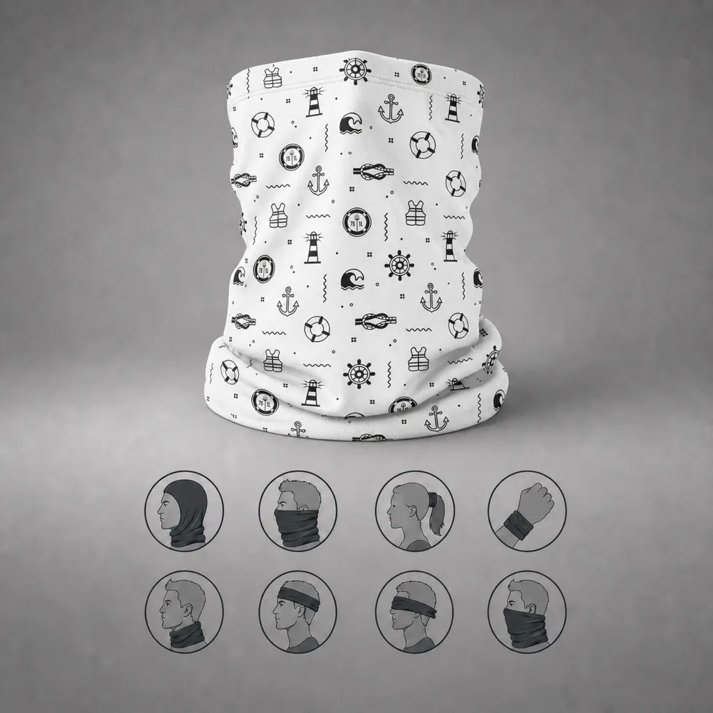 White deck work neck gaiter with black maritime symbol pattern, upright front view with eight wearing-style icons.