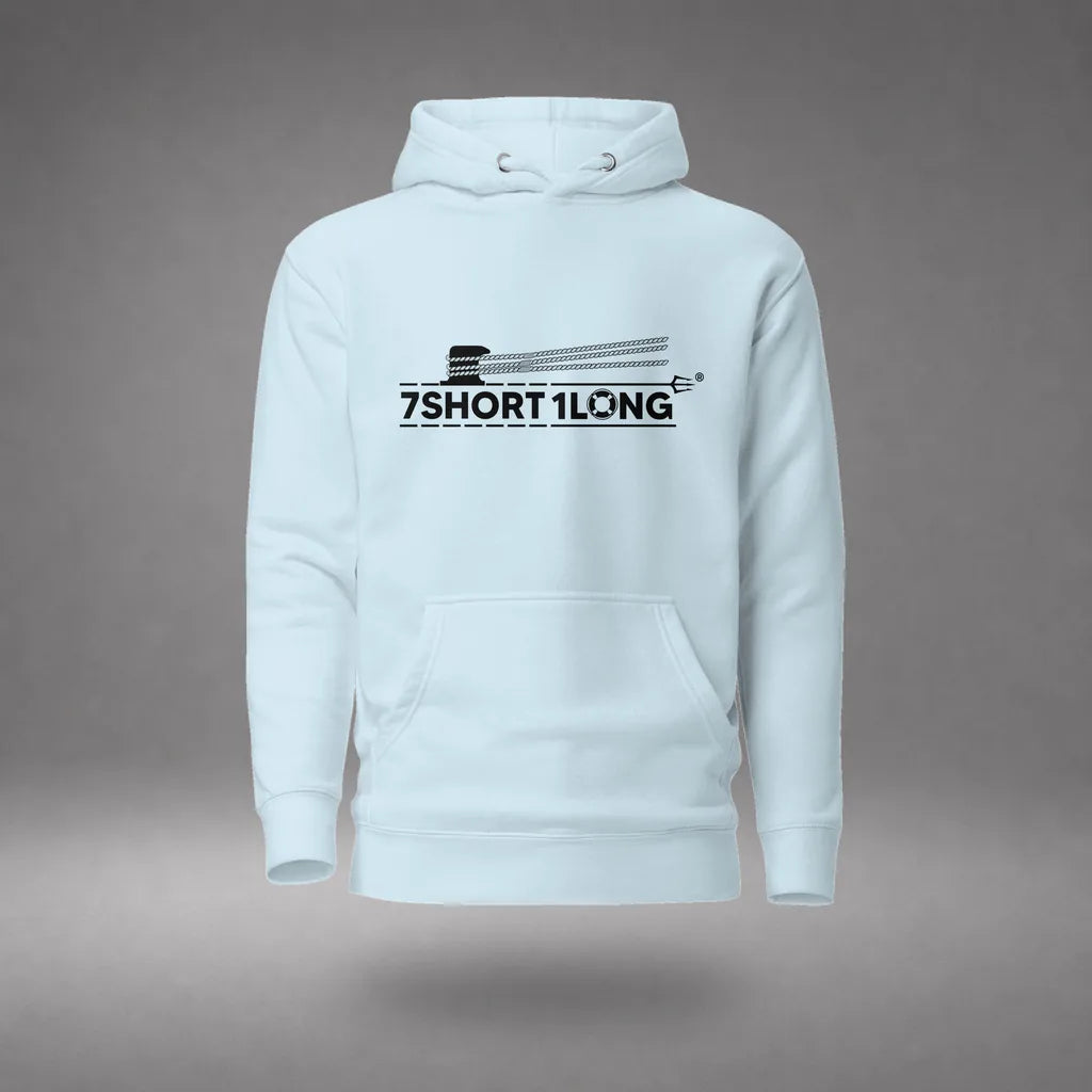 Deckhand Crew Maritime Hoodie in Sky Blue, design detail view, floating over a gray studio floor.