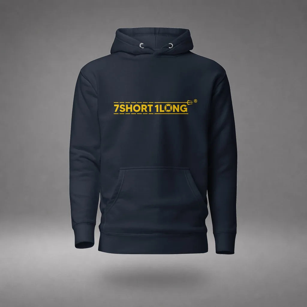 European Sailor Hoodie in Navy Blazer, front view, floating over a gray studio floor.