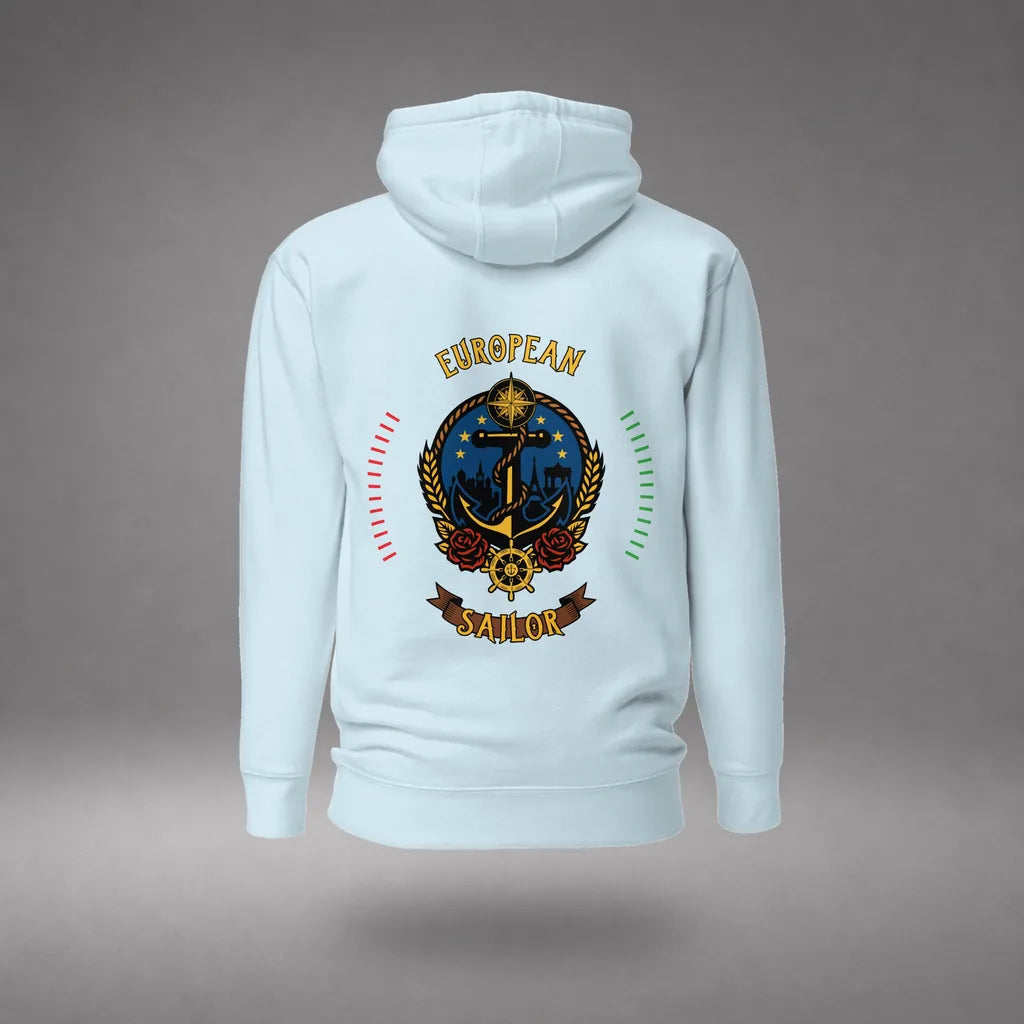 European Sailor Hoodie in Sky Blue, back view, floating over a gray studio floor.