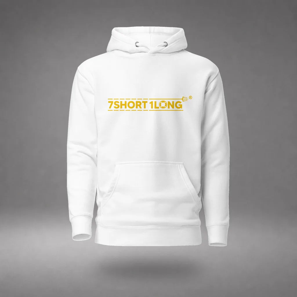 European Sailor Hoodie in White, front view, floating over a gray studio floor.