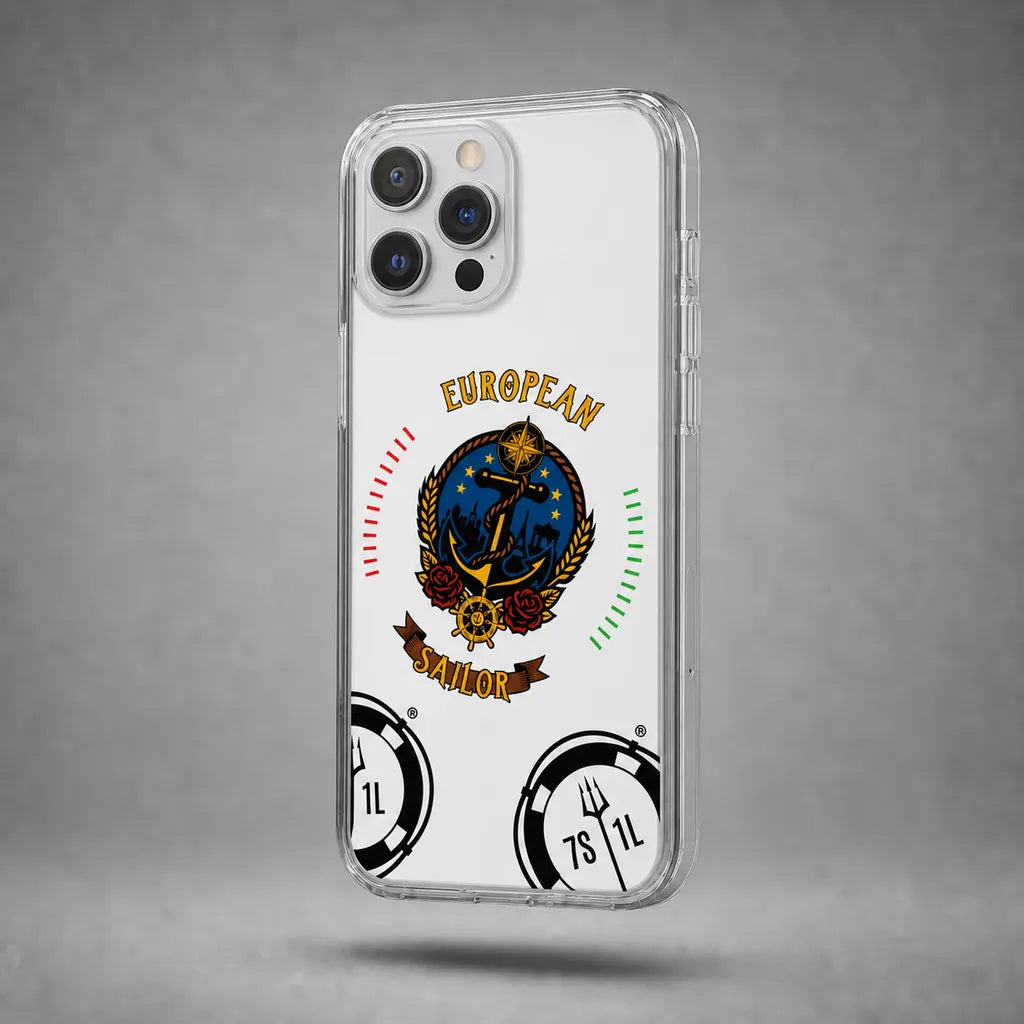 Clear European Sailor case for iPhone 12 Pro Max with maritime anchor artwork, floating above a grey studio floor with a soft shadow.
