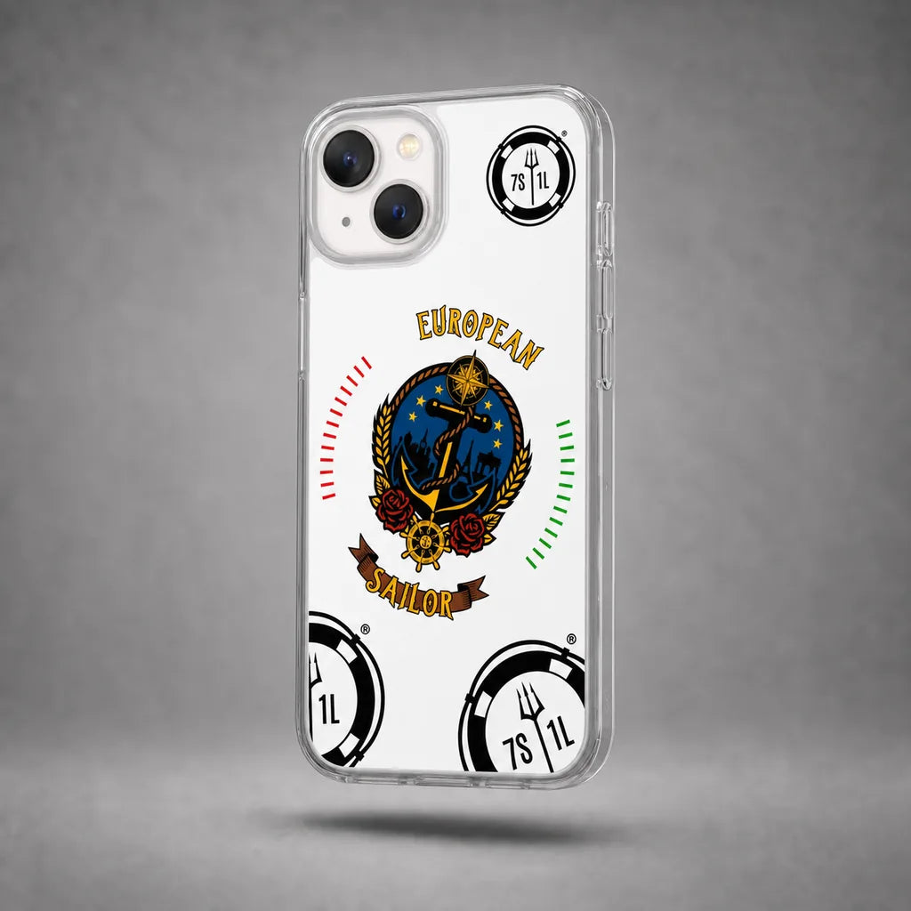 Clear European Sailor case for iPhone 13 with maritime anchor artwork, floating above a grey studio floor with a soft shadow.
