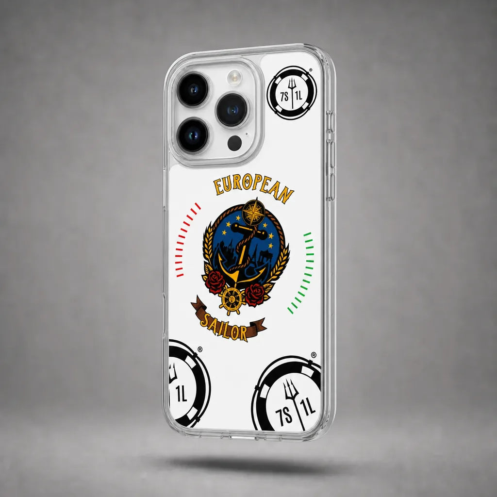 Clear European Sailor case for iPhone 14 Pro with maritime anchor artwork, floating above a grey studio floor with a soft shadow.