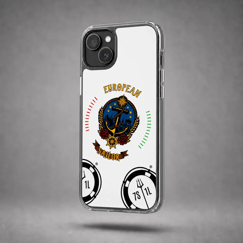 Clear European Sailor case for iPhone 15 Plus with maritime anchor artwork, floating above a grey studio floor with a soft shadow.