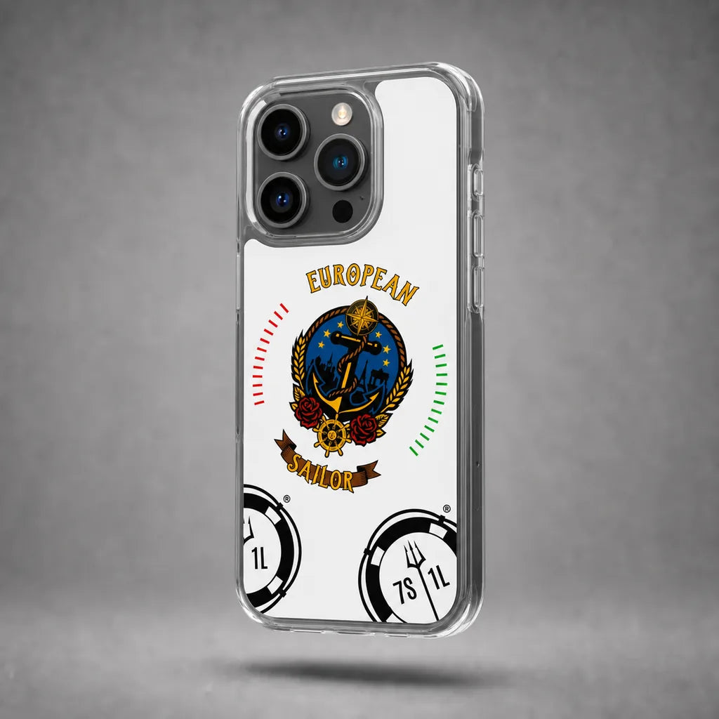 Clear European Sailor case for iPhone 15 Pro with maritime anchor artwork, floating above a grey studio floor with a soft shadow.