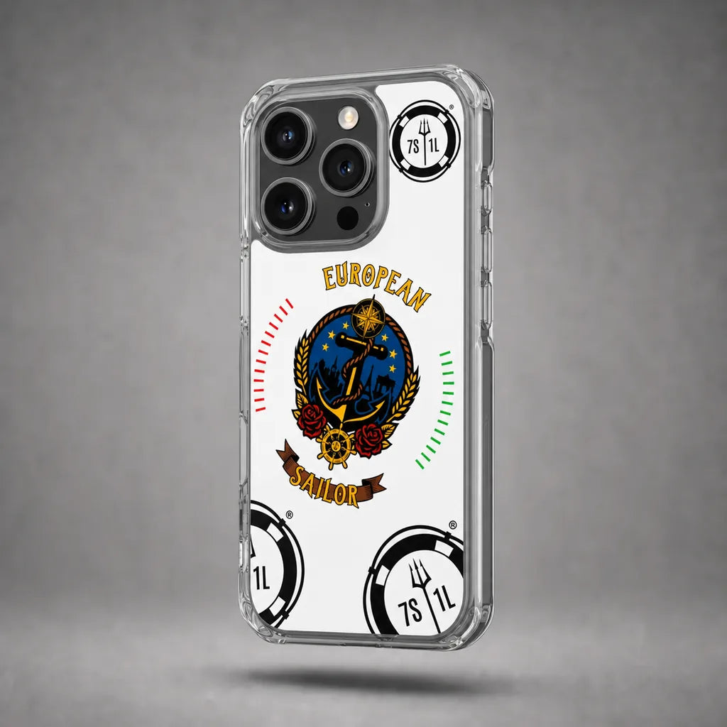 Clear European Sailor case for iPhone 16 Pro with maritime anchor artwork, floating above a grey studio floor with a soft shadow.