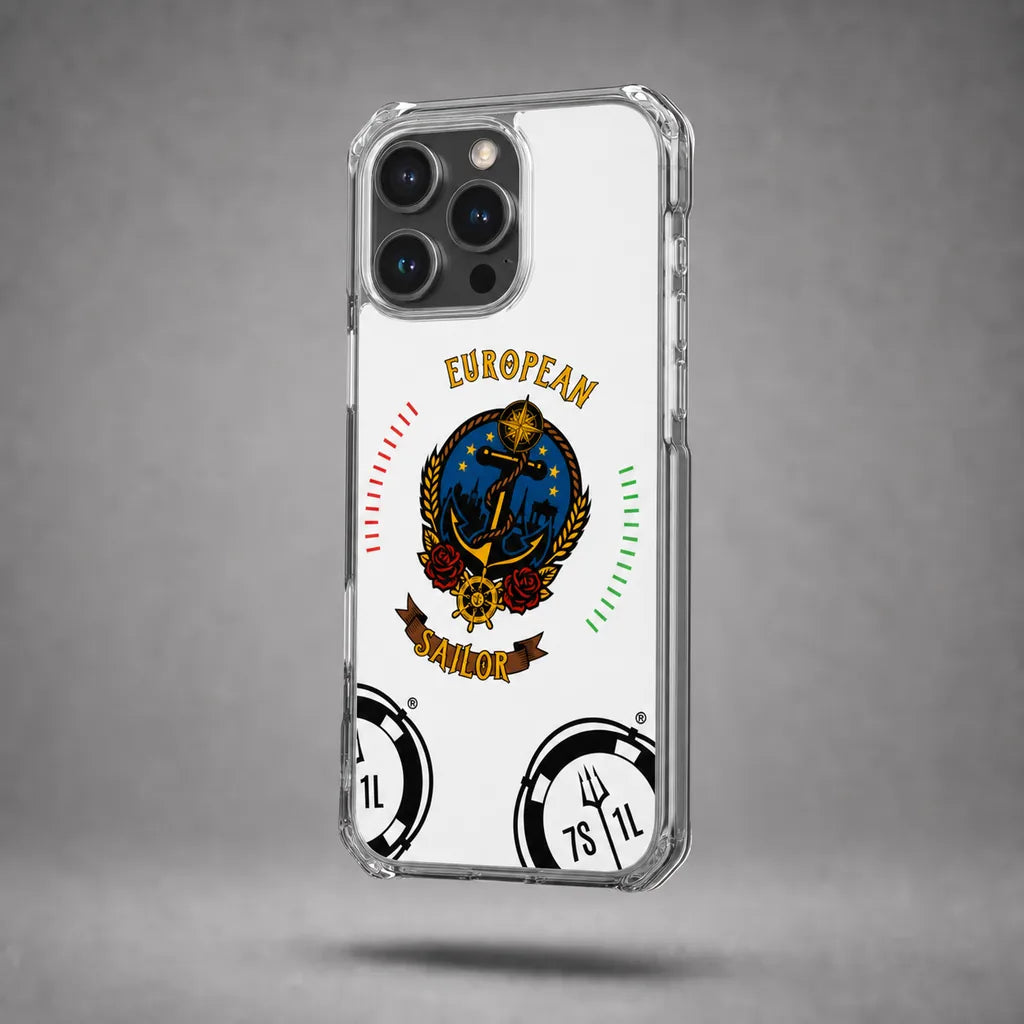 Clear European Sailor case for iPhone 16 Pro Max with maritime anchor artwork, floating above a grey studio floor with a soft shadow.