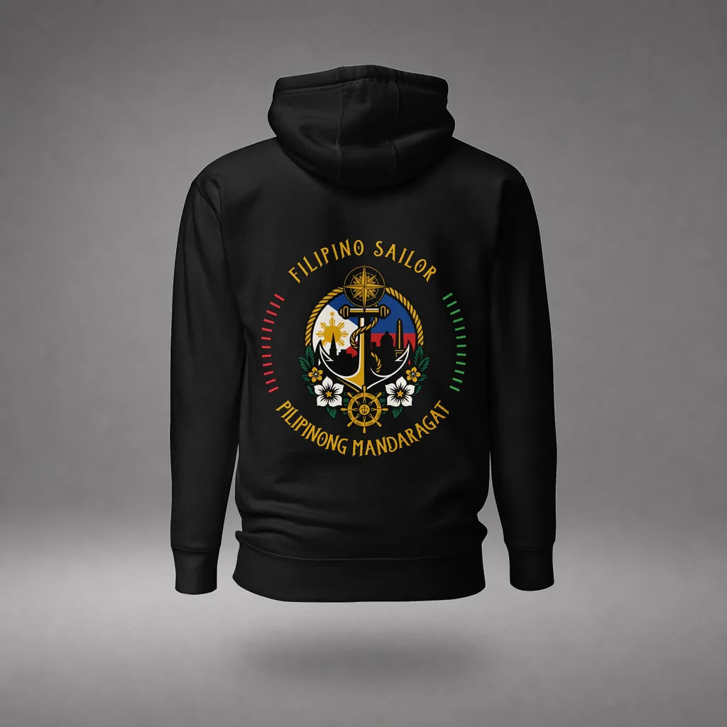 Filipino Sailor Hoodie in Black, back view, floating over a gray studio floor.
