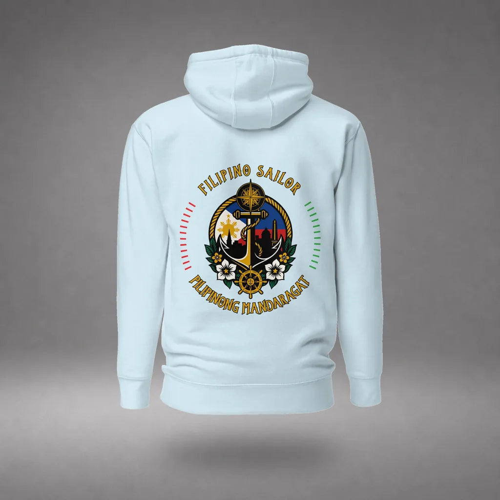 Filipino Sailor Hoodie in Sky Blue, featured product view, floating over a gray studio floor.