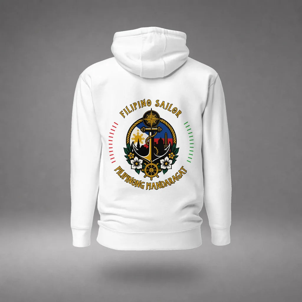 Filipino Sailor Hoodie in White, back view, floating over a gray studio floor.