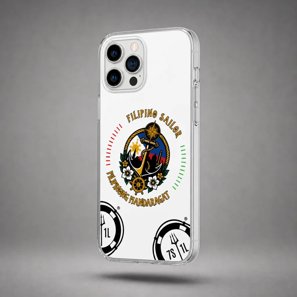 Clear Filipino Sailor case for iPhone 12 Pro with maritime anchor artwork, floating above a grey studio floor with a soft shadow.