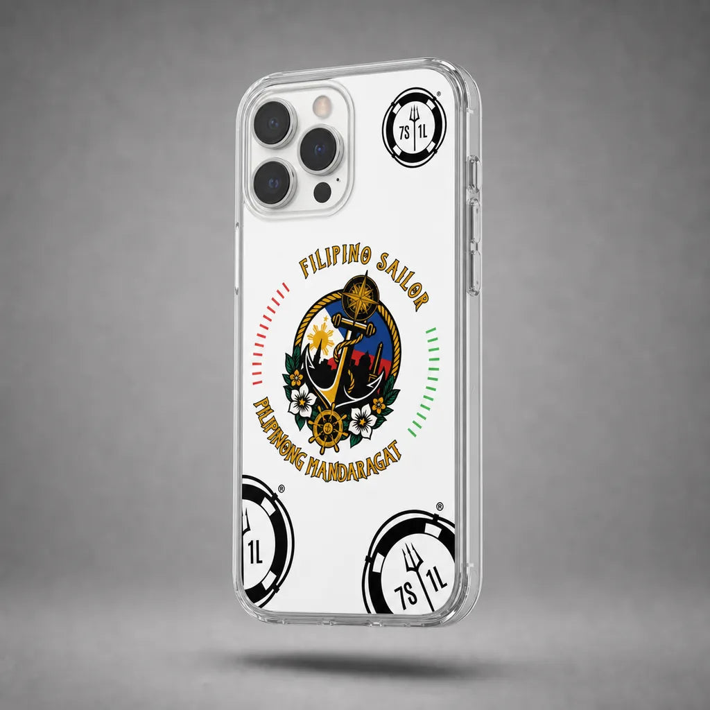 Clear Filipino Sailor case for iPhone 12 Pro Max with maritime anchor artwork, floating above a grey studio floor with a soft shadow.