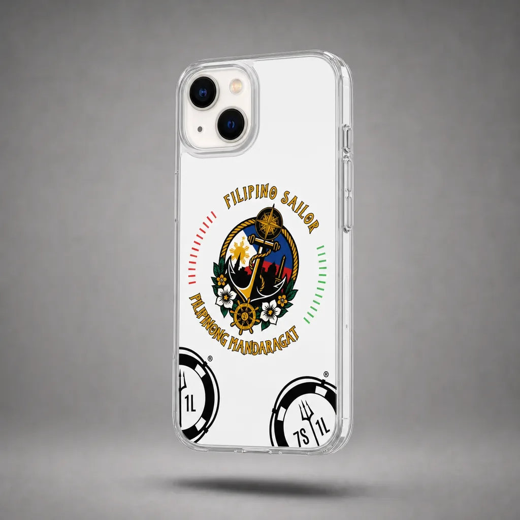Clear Filipino Sailor case for iPhone 13 with maritime anchor artwork, floating above a grey studio floor with a soft shadow.