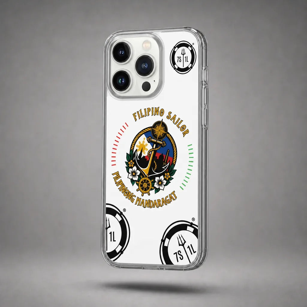 Clear Filipino Sailor case for iPhone 13 Pro with maritime anchor artwork, floating above a grey studio floor with a soft shadow.