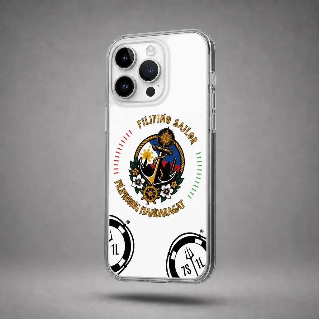Clear Filipino Sailor case for iPhone 14 Pro Max with maritime anchor artwork, floating above a grey studio floor with a soft shadow.