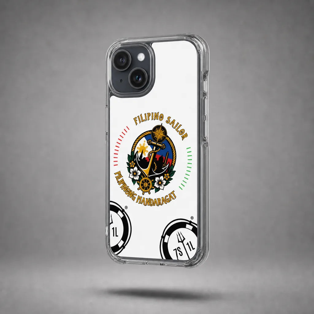 Clear Filipino Sailor case for iPhone 15 with maritime anchor artwork, floating above a grey studio floor with a soft shadow.