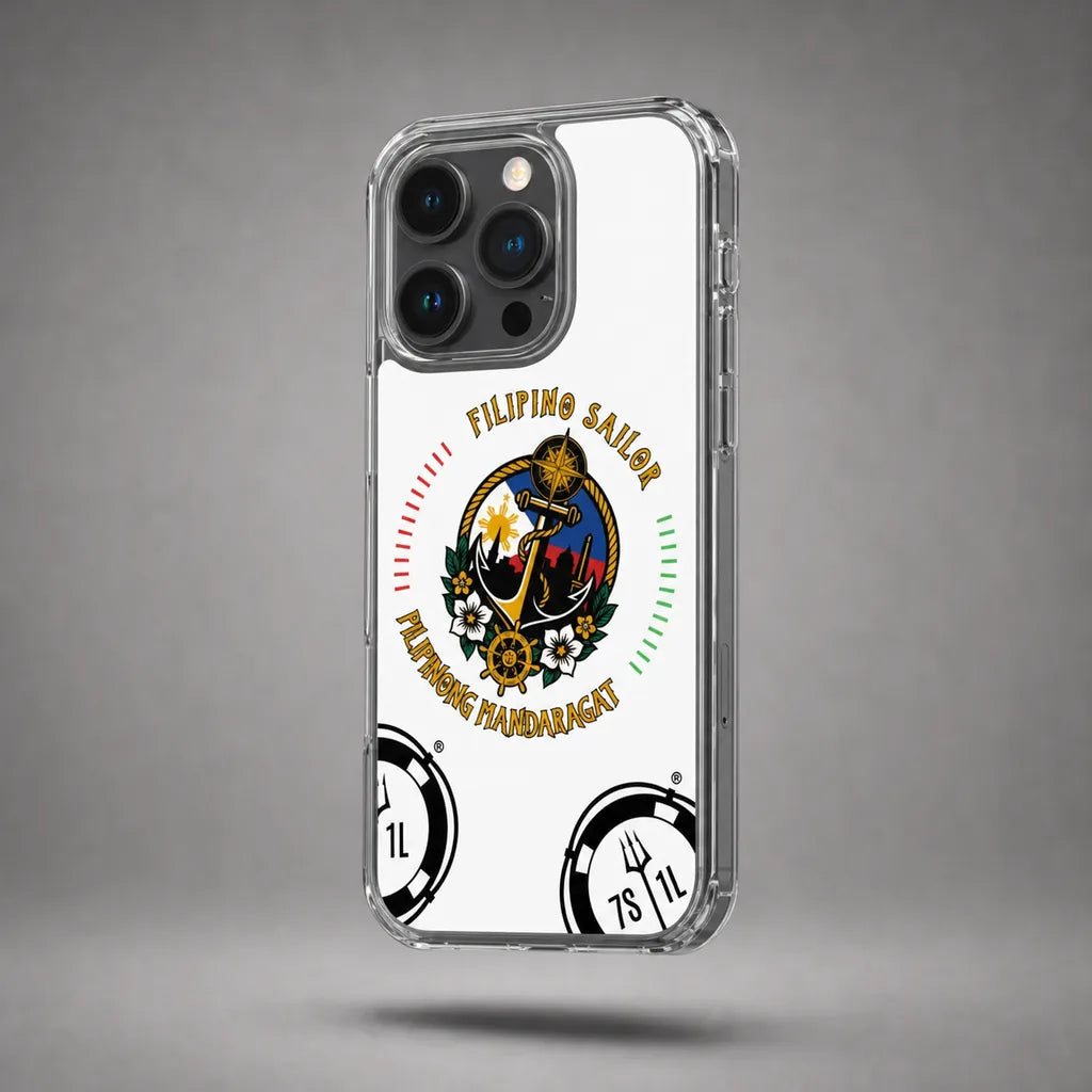 Clear Filipino Sailor case for iPhone 15 Pro with maritime anchor artwork, floating above a grey studio floor with a soft shadow.