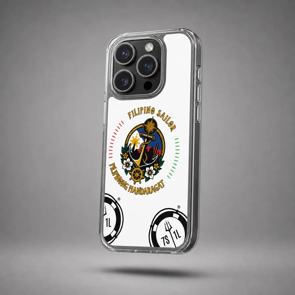 Clear Filipino Sailor case for iPhone 15 Pro Max with maritime anchor artwork, floating above a grey studio floor with a soft shadow.