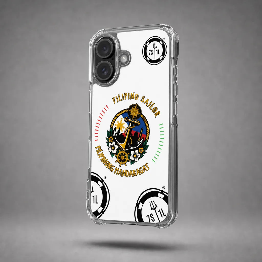 Clear Filipino Sailor case for iPhone 16 with maritime anchor artwork, floating above a grey studio floor with a soft shadow.