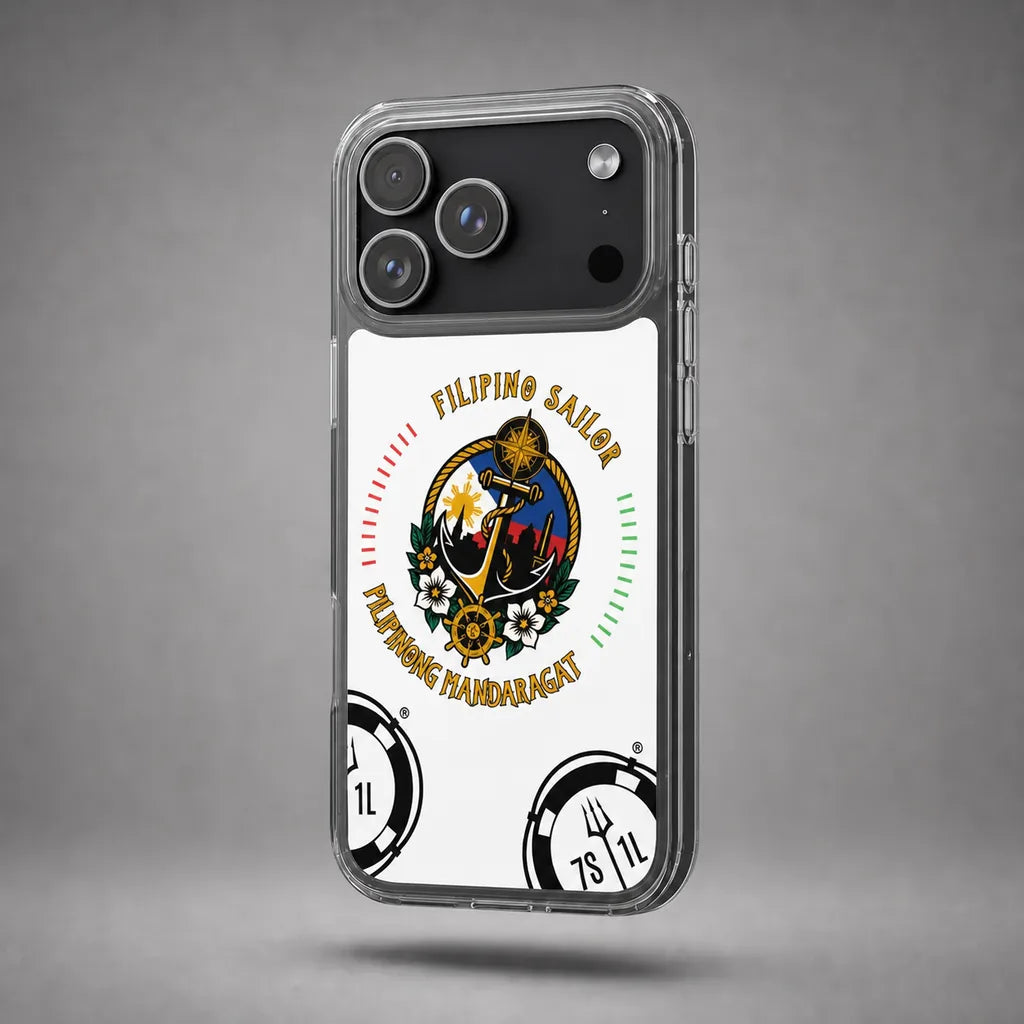 Clear Filipino Sailor case for iPhone 17 Pro with maritime anchor artwork, floating above a grey studio floor with a soft shadow.