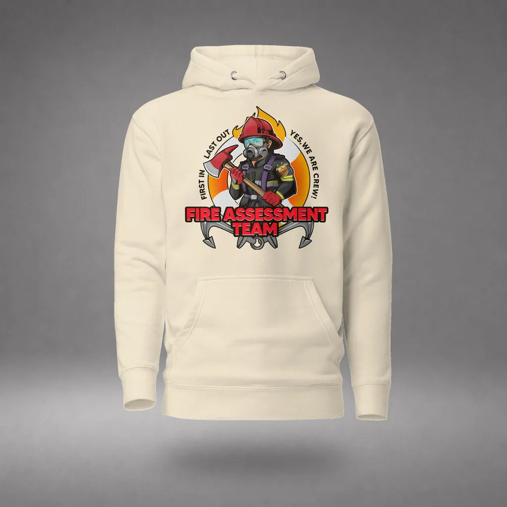 Firefighting Crew Hoodie in Bone, front view, floating over a gray studio floor.