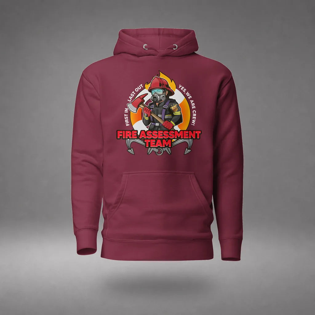 Firefighting Crew Hoodie in Maroon, front view, floating over a gray studio floor.