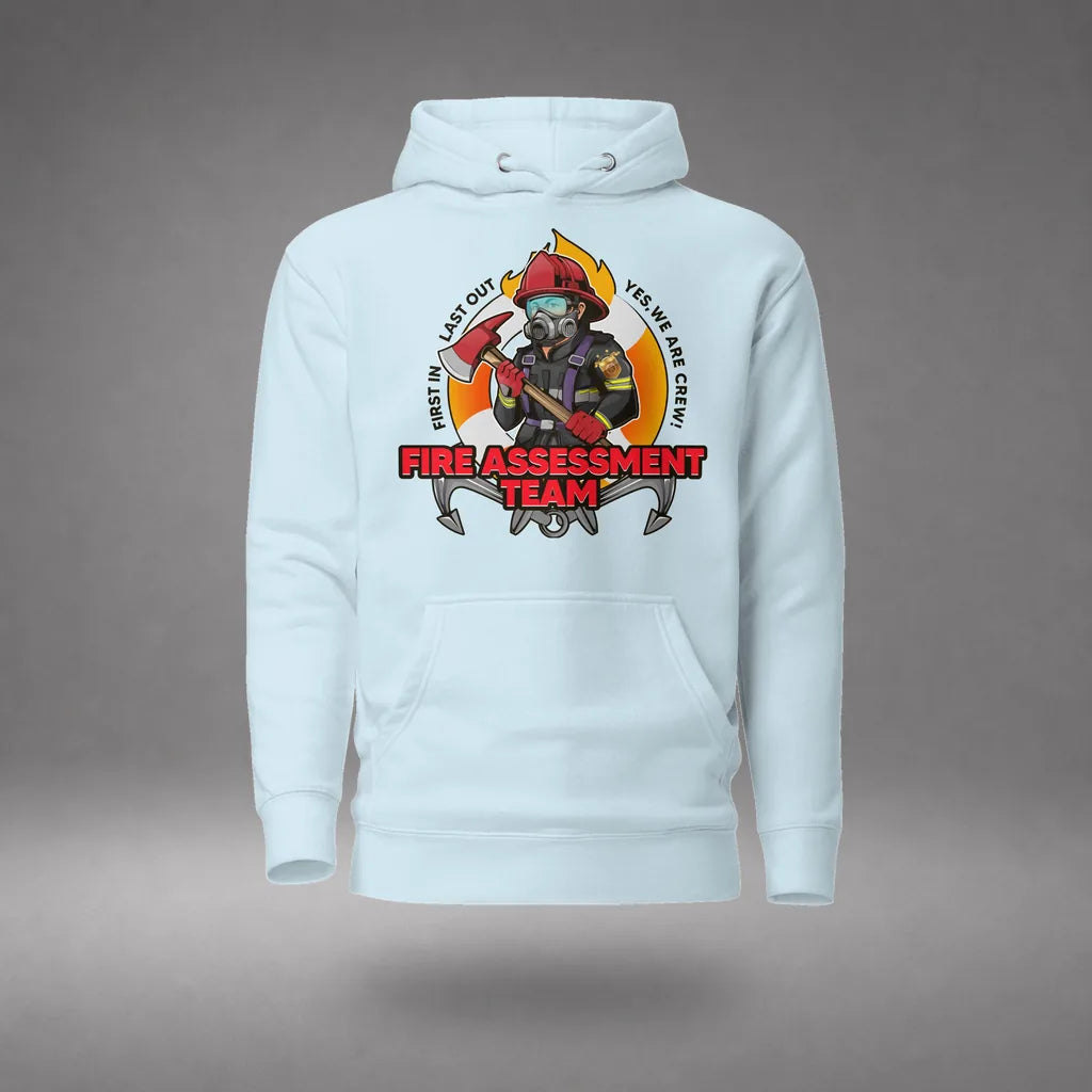 Firefighting Crew Hoodie in Sky Blue, front view, floating over a gray studio floor.