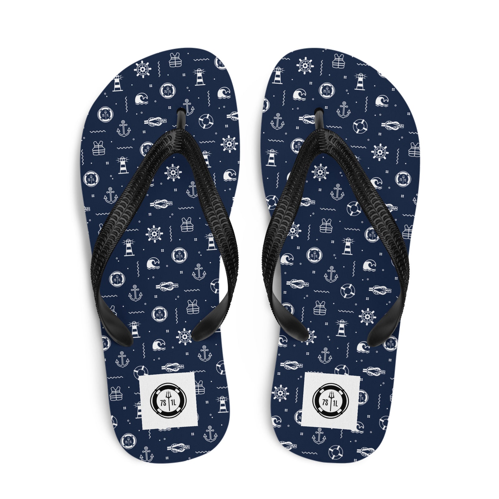Navy blue flip-flops with maritime pattern on a white background