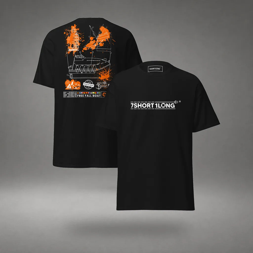Free Fall Boat Nautical Crew T-Shirt in Black, front and back view, floating over a gray studio floor.