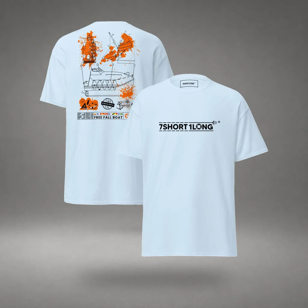 Free Fall Boat Nautical Crew T-Shirt in Light Blue, featured product view, floating over a gray studio floor.