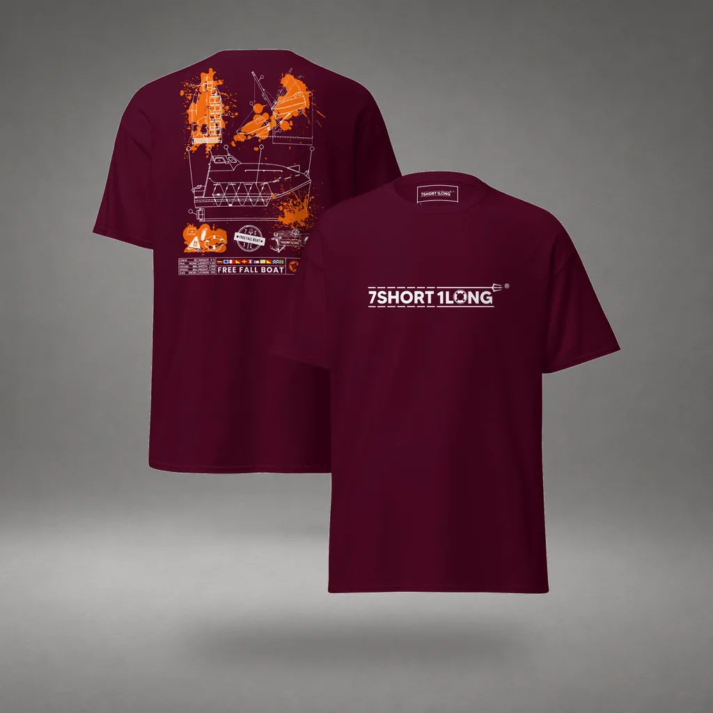 Free Fall Boat Nautical Crew T-Shirt in Maroon, front and back view, floating over a gray studio floor.
