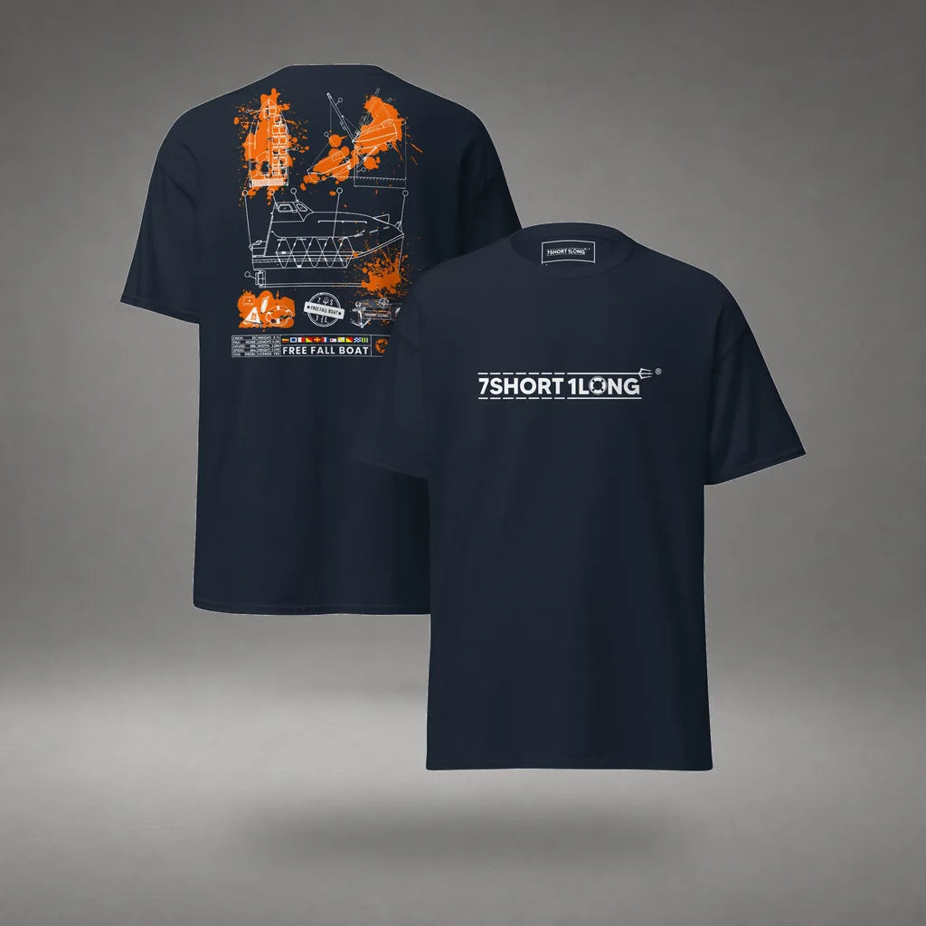 Free Fall Boat Nautical Crew T-Shirt in Navy, front and back view, floating over a gray studio floor.