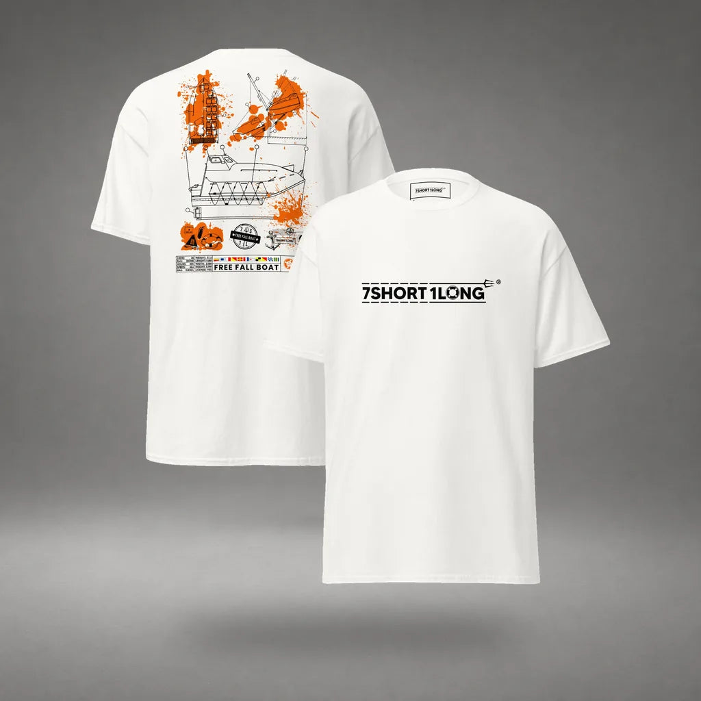 Free Fall Boat Nautical Crew T-Shirt in White, featured product view, floating over a gray studio floor.